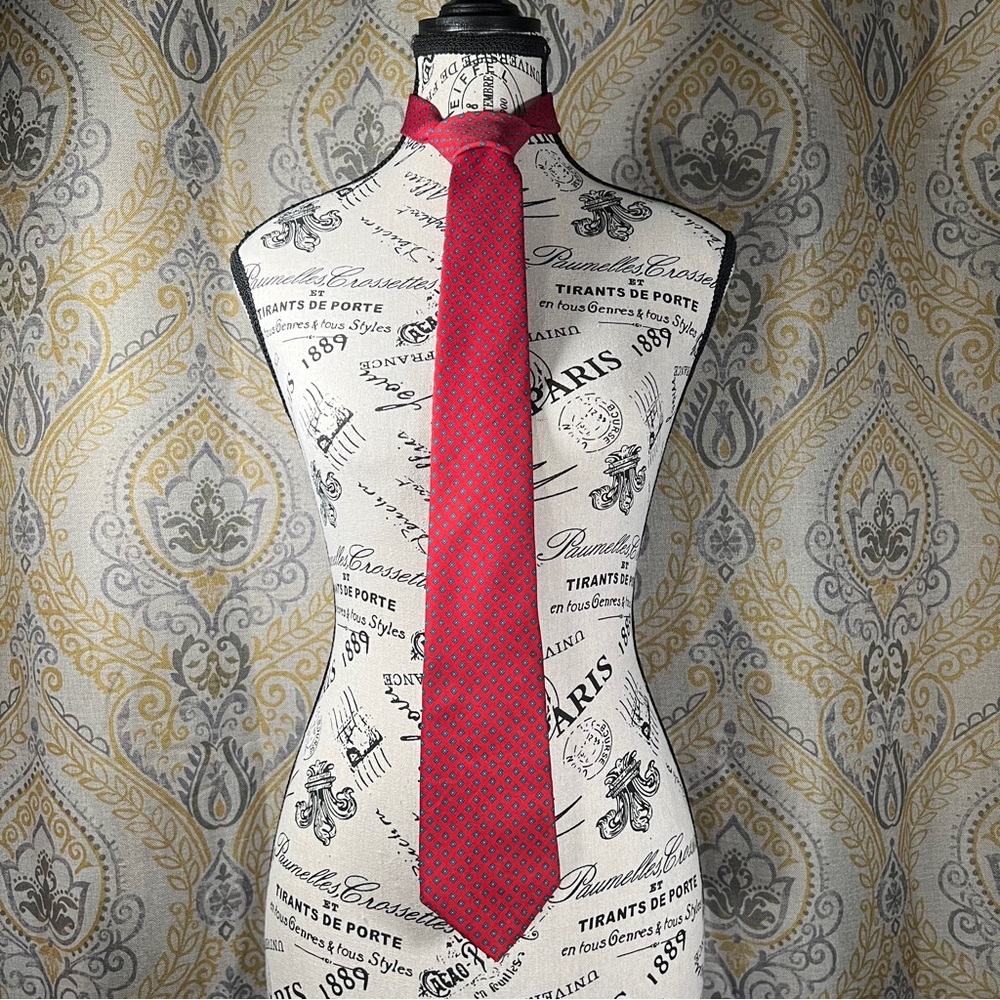 Vintage Salem Town Red Necktie with Blue Diamond Pattern